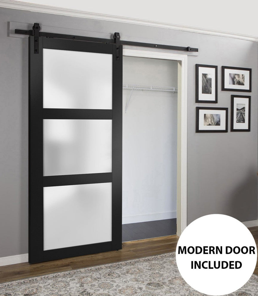 Barn Door 42 x 96 Frosted Glass, Lucia 2552 Matte Black, 8FT Rail