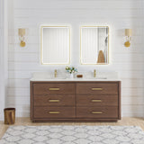 Porto Bath Vanity with White Quartz Stone Top, Dark Brown Oak, 72 in., No Mirror