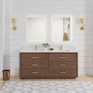 Porto Bath Vanity with White Quartz Stone Top, Dark Brown Oak, 72 in., No Mirror