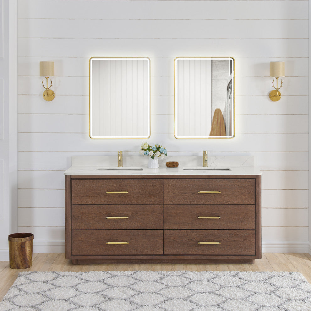 Porto Bath Vanity with White Quartz Stone Top, Dark Brown Oak, 72 in., No Mirror