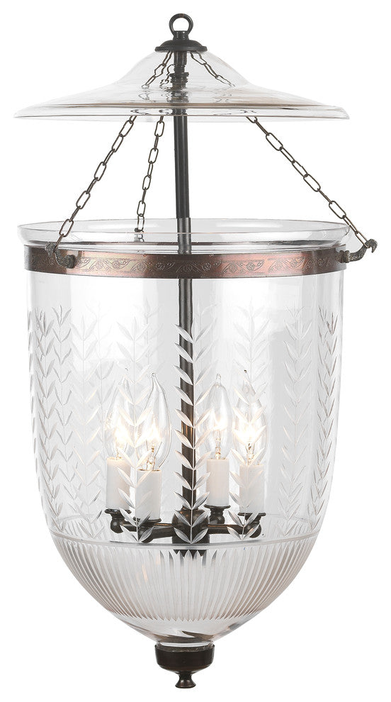 Vertical Leaf Prismatic Etching Hundi Glass Bell Jar Lantern 12"D, Antique Bronz