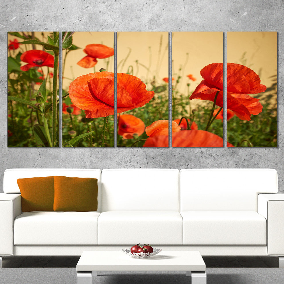 Colorful Red Poppy Flower Field, Flower Artwork on Canvas, 60"x28", 5 Panels