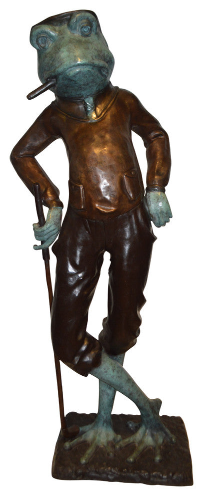 Frog With Cigar Plays Golf Bronze Statue -  Size: 24"L x 15"W x 64"H.