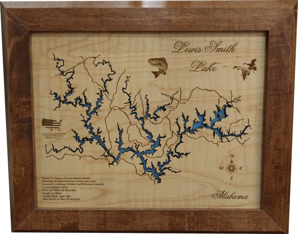 Lewis Smith Lake, Alabama-Wood Lake Map, Small Framed
