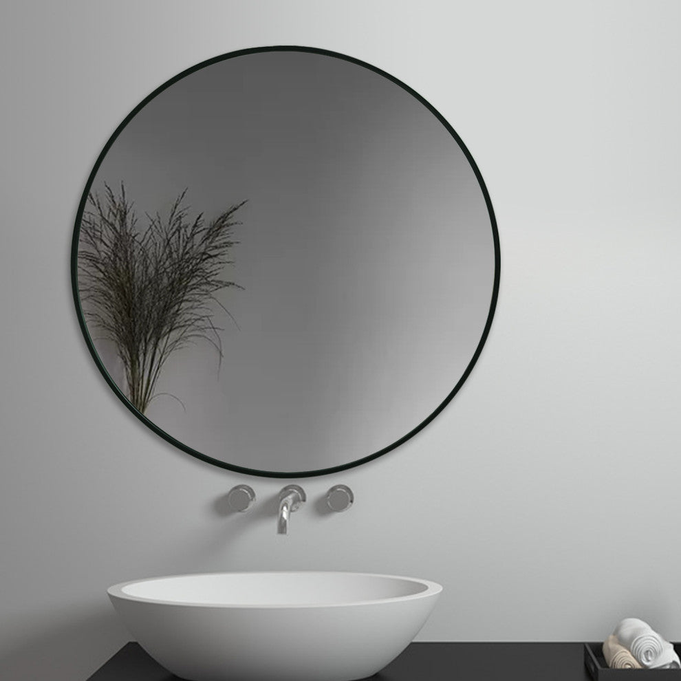 Round Black Metal Framed Wall Mirror, 35.5" X 35.5" Dia.