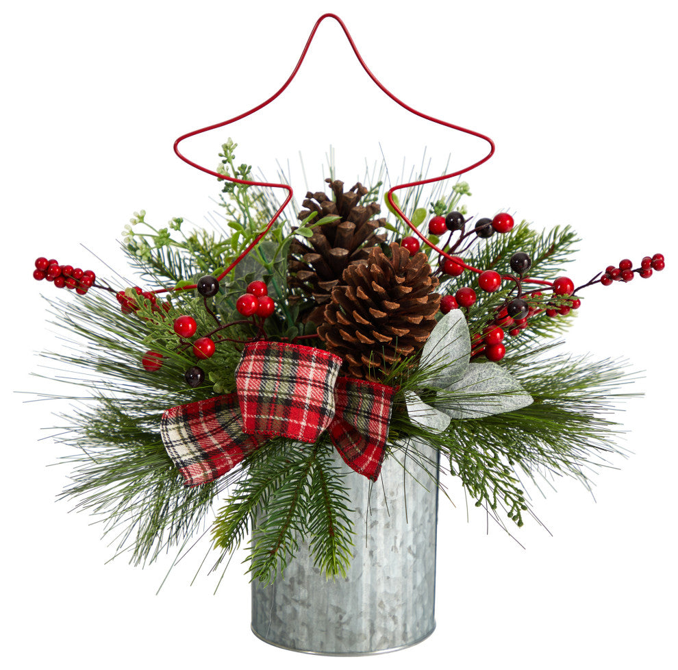 17" Pinecone & Berries Faux Xmas Arrangement W/ Metal Vase & Wire Red Xmas Tree