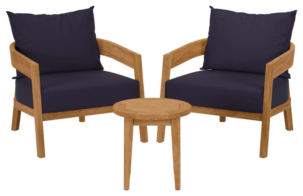 Brisbane 3-Piece Teak Wood Outdoor Patio Outdoor Patio Set, Natural Navy