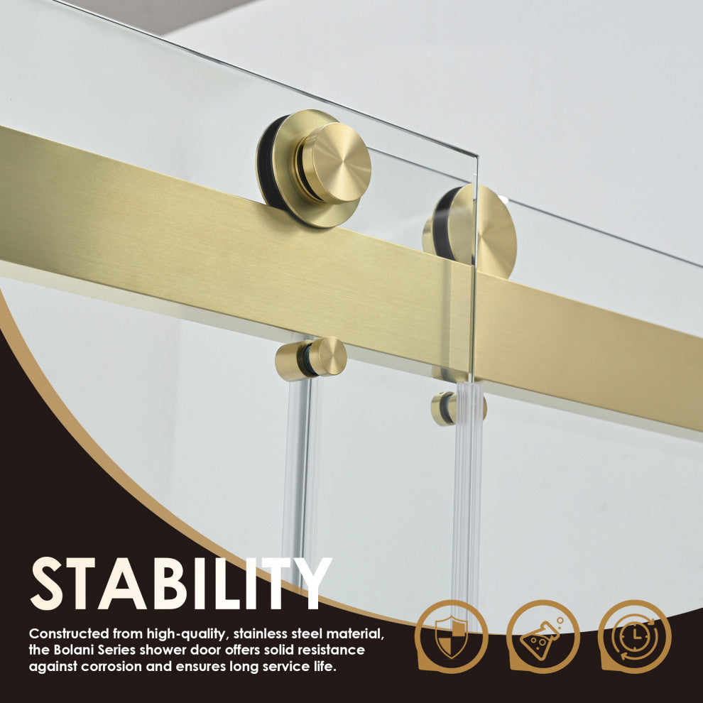 Frameless Exposed Roller Shower Door, Brushed Gold, 60" W X 76" H