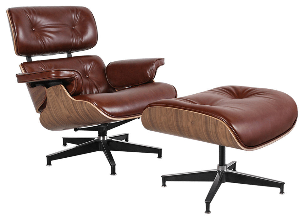 35" Brown Tufted Genuine Leather Swivel Lounge Chair With Ottoman