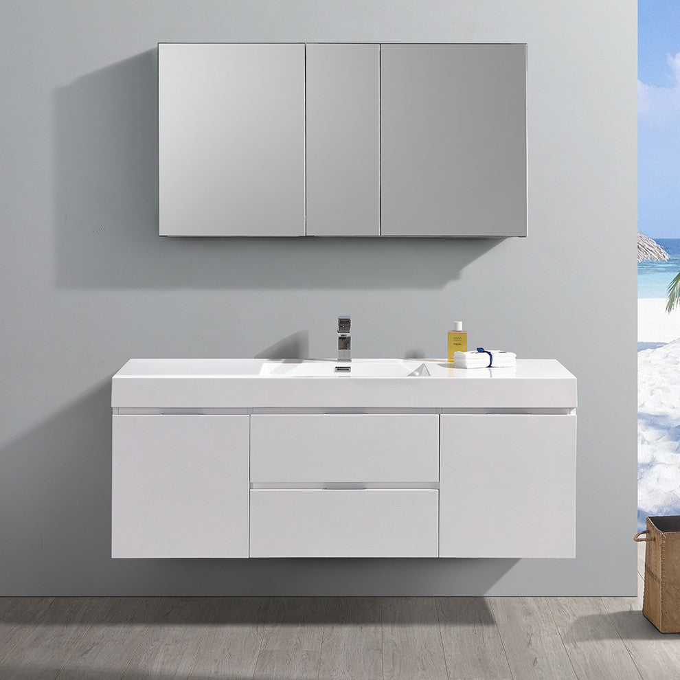 Valencia 60" Glossy White Wall Hung Vanity Set, Cabinet, Faucet FFT1041BN