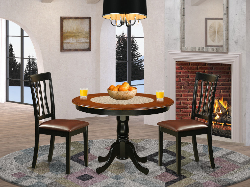 3 Pc Set With A Round Dinette Table And 2 Leather Kitchen Chairs, Black