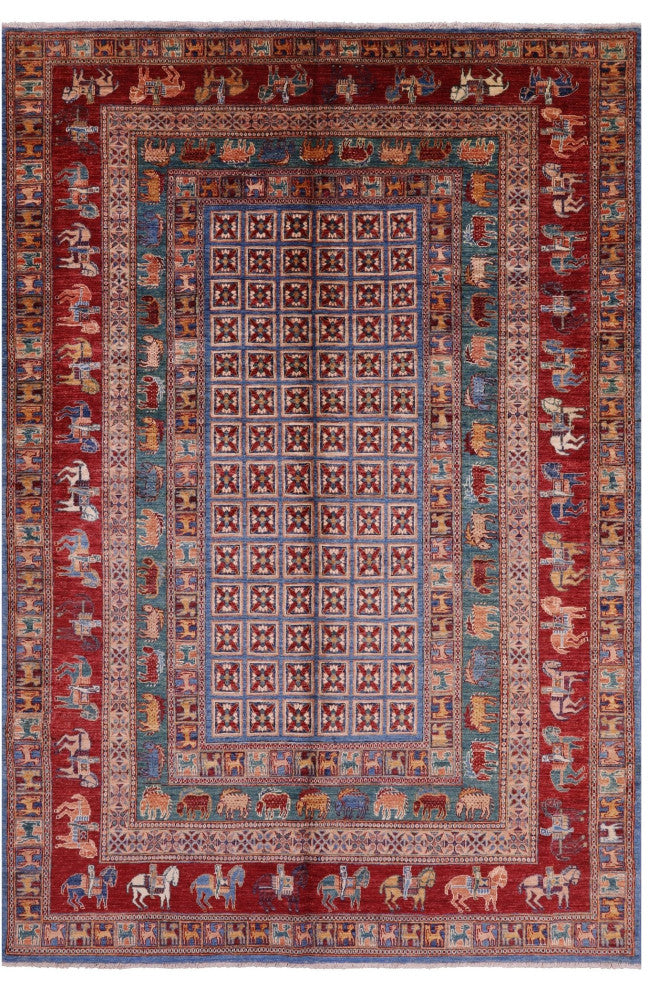 6' 8" X 9' 11" Handmade Antiqued Pazyryk Historical Design Wool Rug Q10706