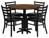 36'' Round Walnut Laminate Table, 4 Ladder Back Metal Chairs, Black Seat