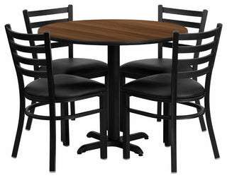 36'' Round Walnut Laminate Table, 4 Ladder Back Metal Chairs, Black Seat