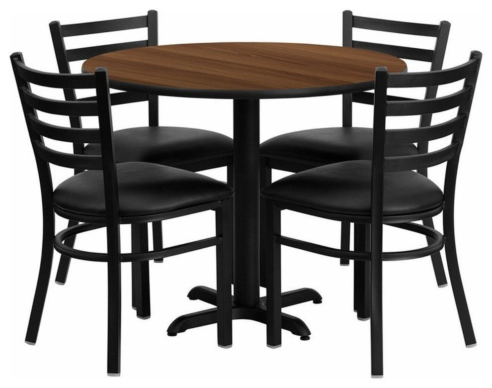 36'' Round Walnut Laminate Table, 4 Ladder Back Metal Chairs, Black Seat