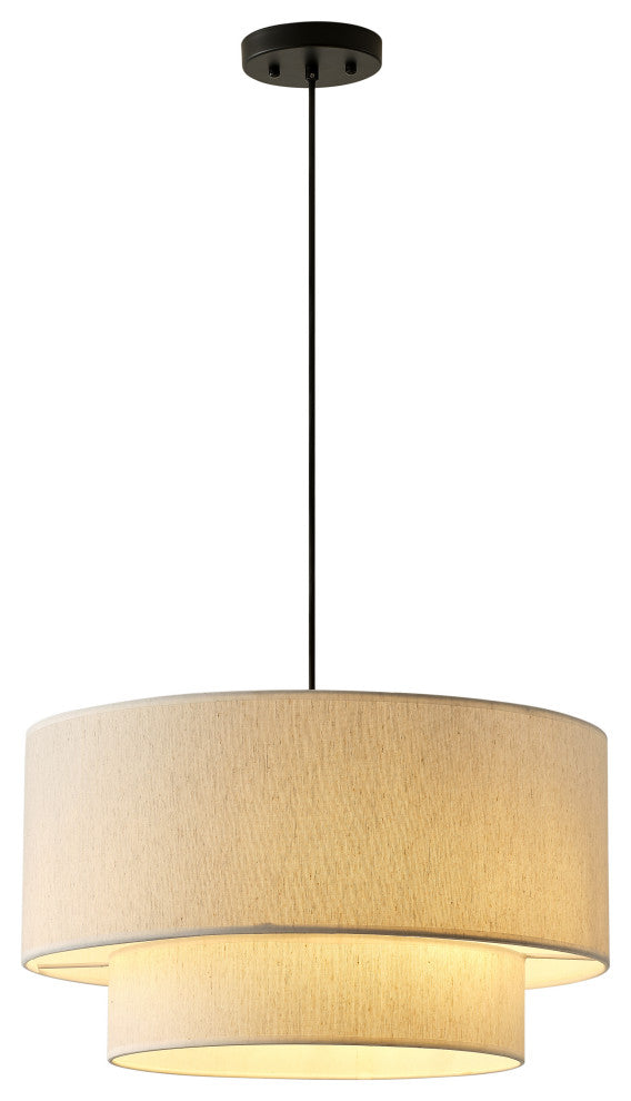 Modern Off-White Drum Pendant Light with 2-Tier Linen Fabrics Lampshade