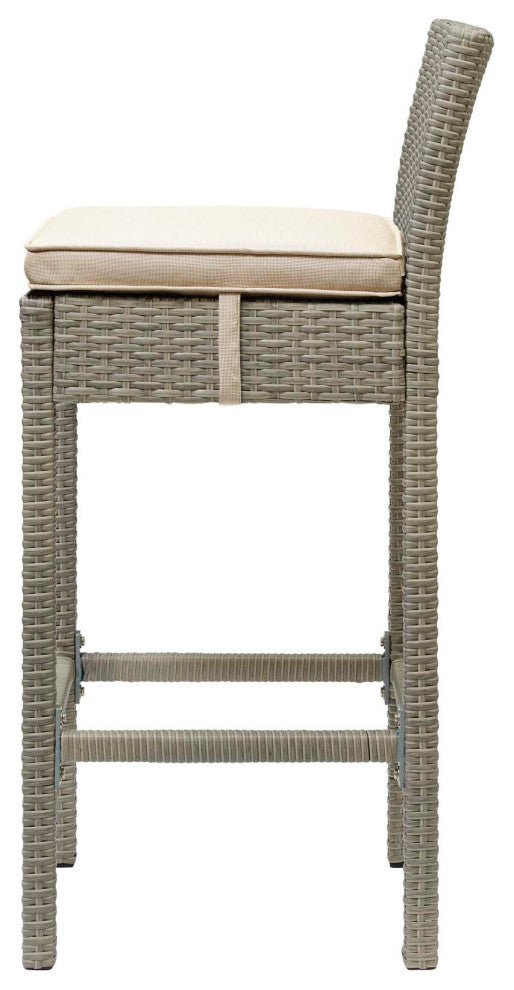 Contemporary Outdoor Patio Bar Stool Chair, Set of Two, Fabric Rattan, Beige