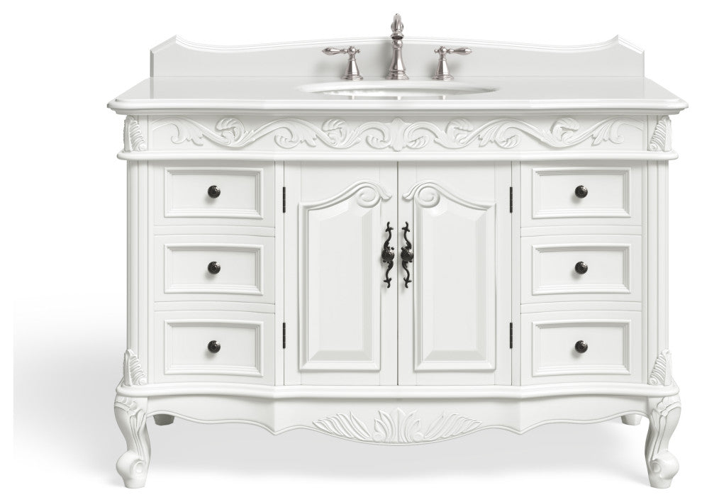Antique White Traditional Style Single Sink Beckham Bathroom Vanity, White, 48", Single Sink, With Mirror, Freestanding