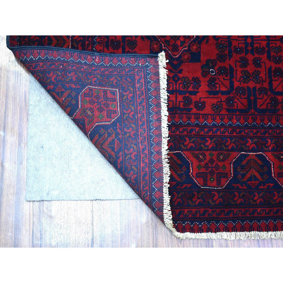 Deep and Saturated Red, Hand Knotted Afghan Khamyab Soft Wool Rug, 5'8"x7'5"