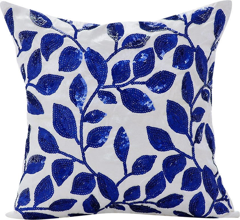Blue Decorative Pillow Covers 14"x14" Silk, Wintry Blue Leaves