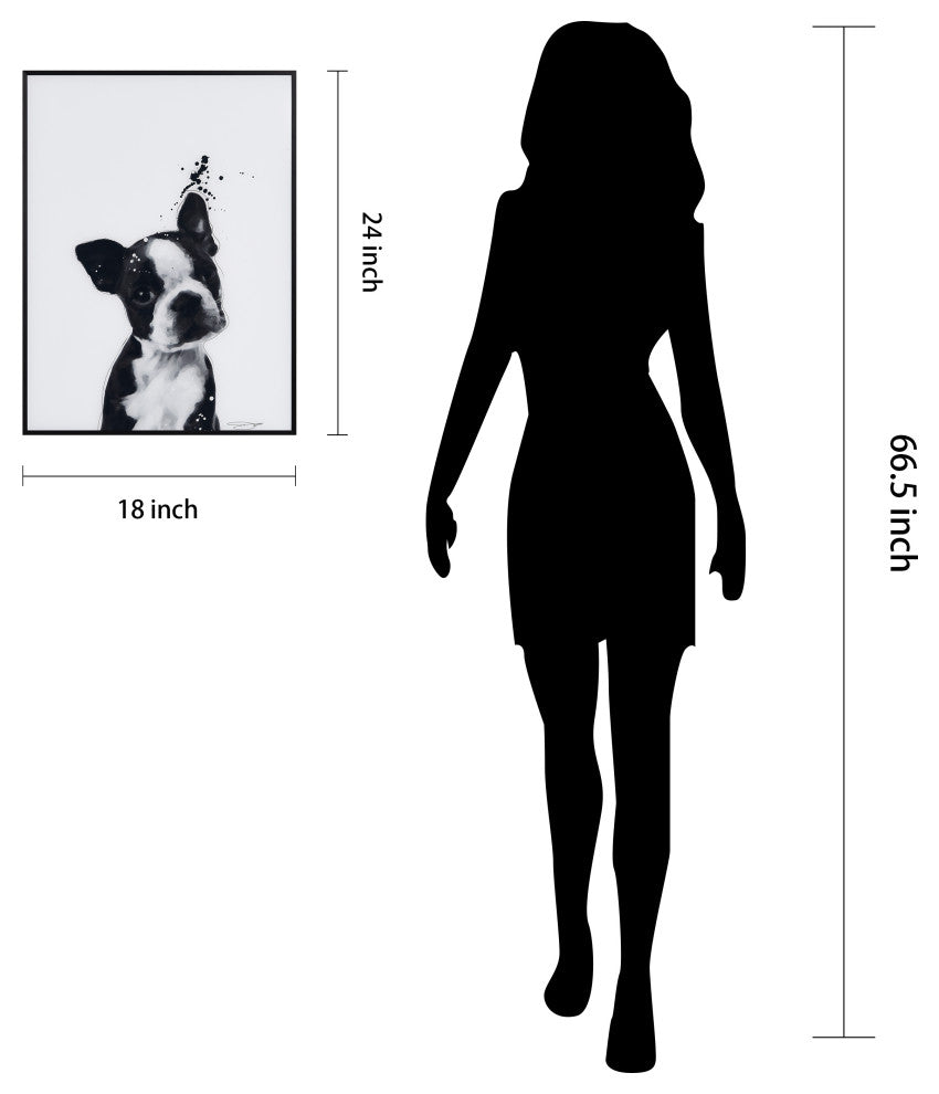 "Boston Terrier" Black and White Pet Art on Printed Glass with Anodized Frame