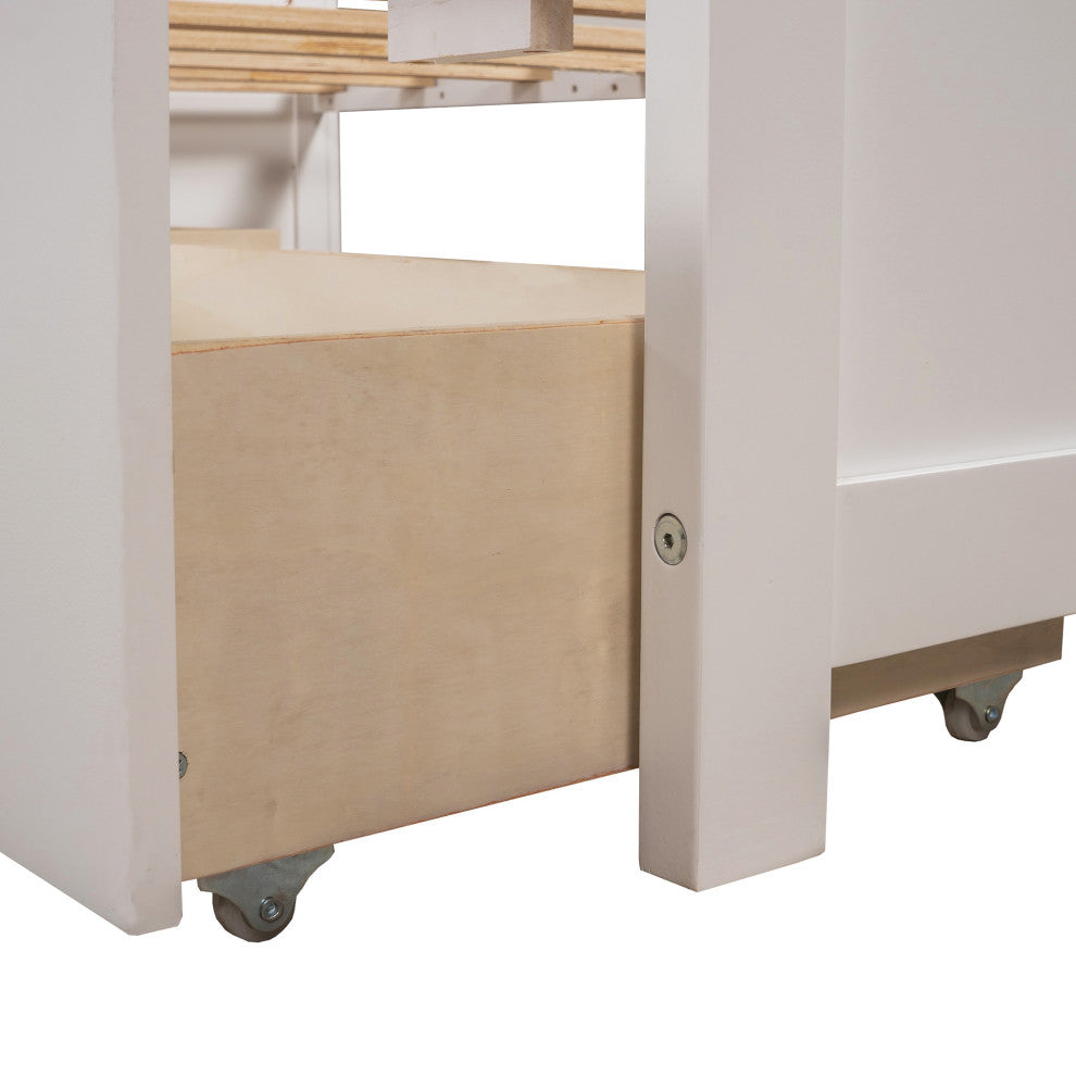 Twin Wood Frame Platform Bed with Trundle and Drawers , White, Twin