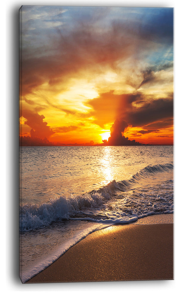 "Yellow Sunset Over Gloomy Beach" Modern Beach Canvas Art Print, 16"x32"