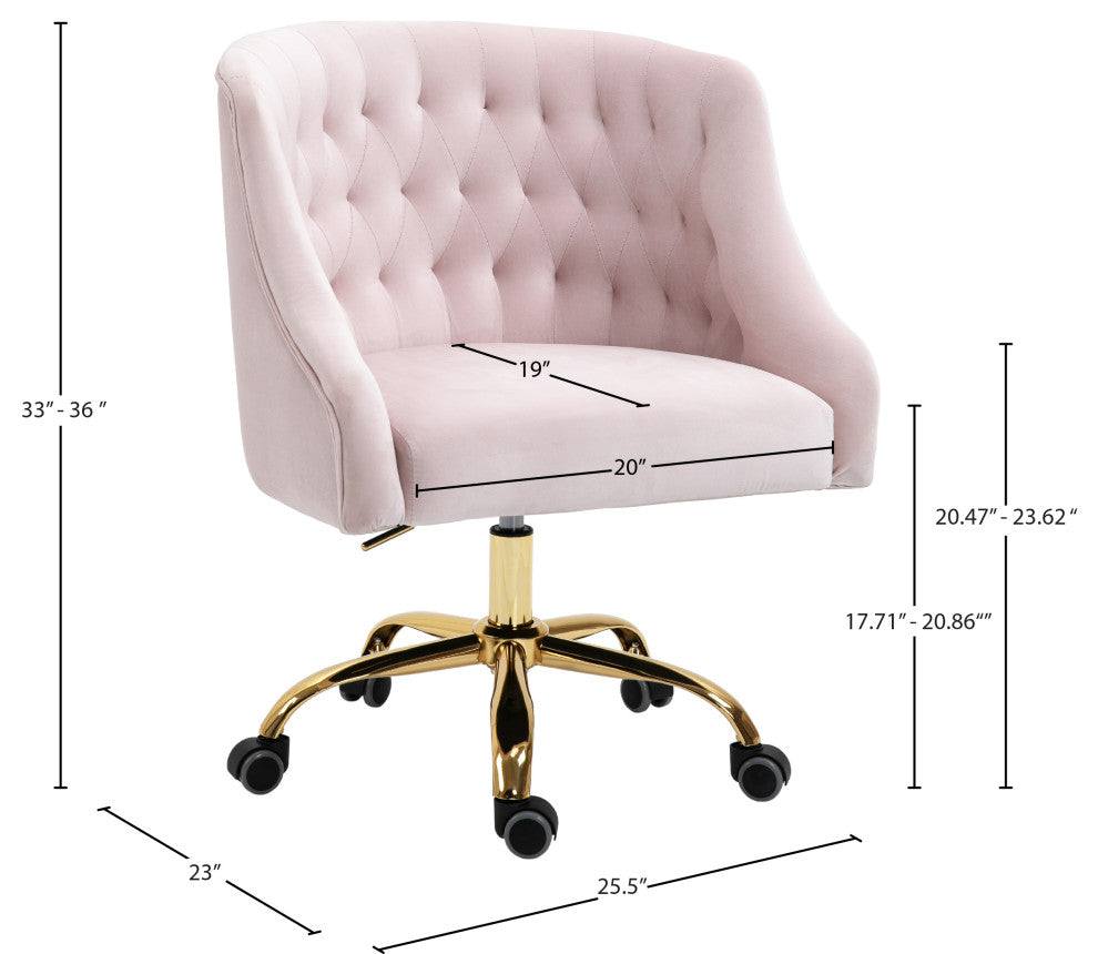 Arden Swivel and Adjustable Velvet Upholstered Office Chair, Pink, Gold Base