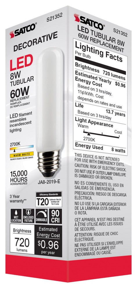 8W T10 LED, Frost, Medium Base, 90 CRI, 2700K, 120V