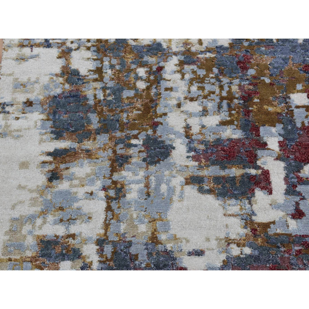 Red, Wool and Silk, Abstract Design Hand Knotted Runner Rug, 2'7"x8'1"