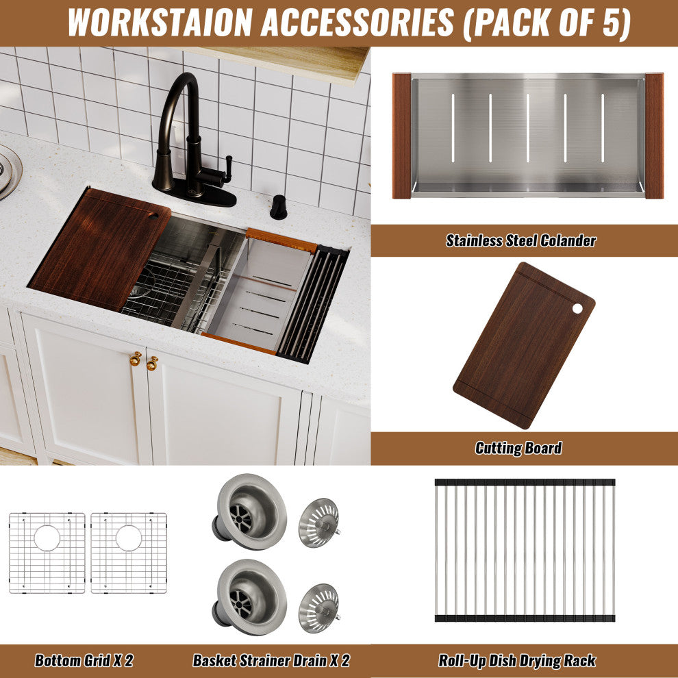 Undermount Stainless Steel 33-inch Double Bowl Kitchen Sink in Brushed