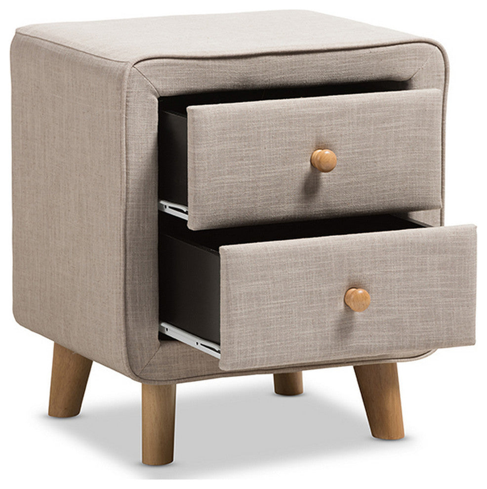 Urban Designs Jonesy Mid-Century Beige Linen Upholstered 2-Drawer Nightstand