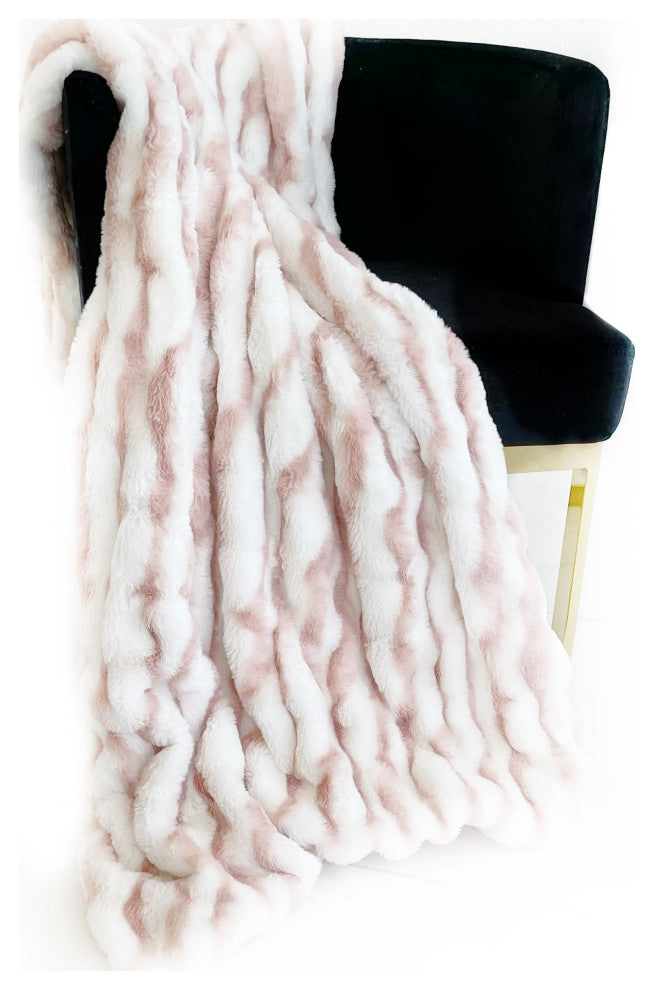 White Pink Snow Chinchilla Faux Fur Luxury Throw Blanket, Blanket 90Lx90W Full