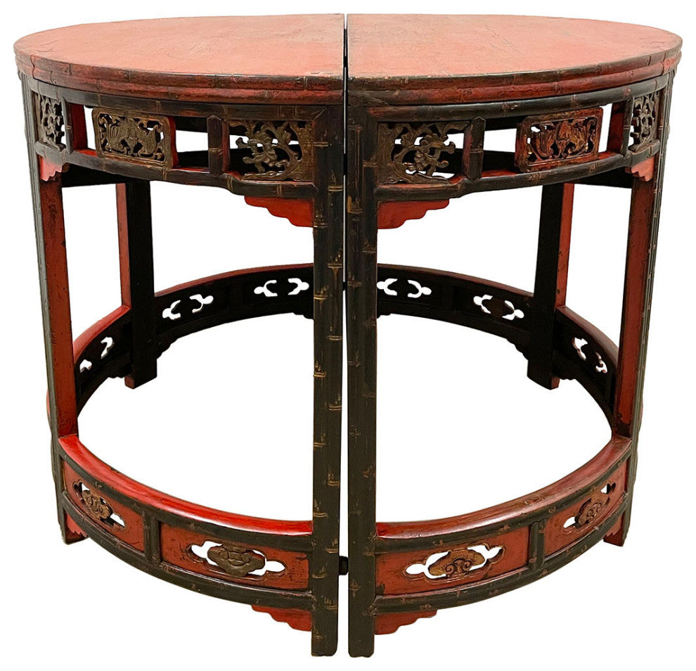 Consigned 19th Century Antique Chinese Carved Red lacquered Half Moon Tables