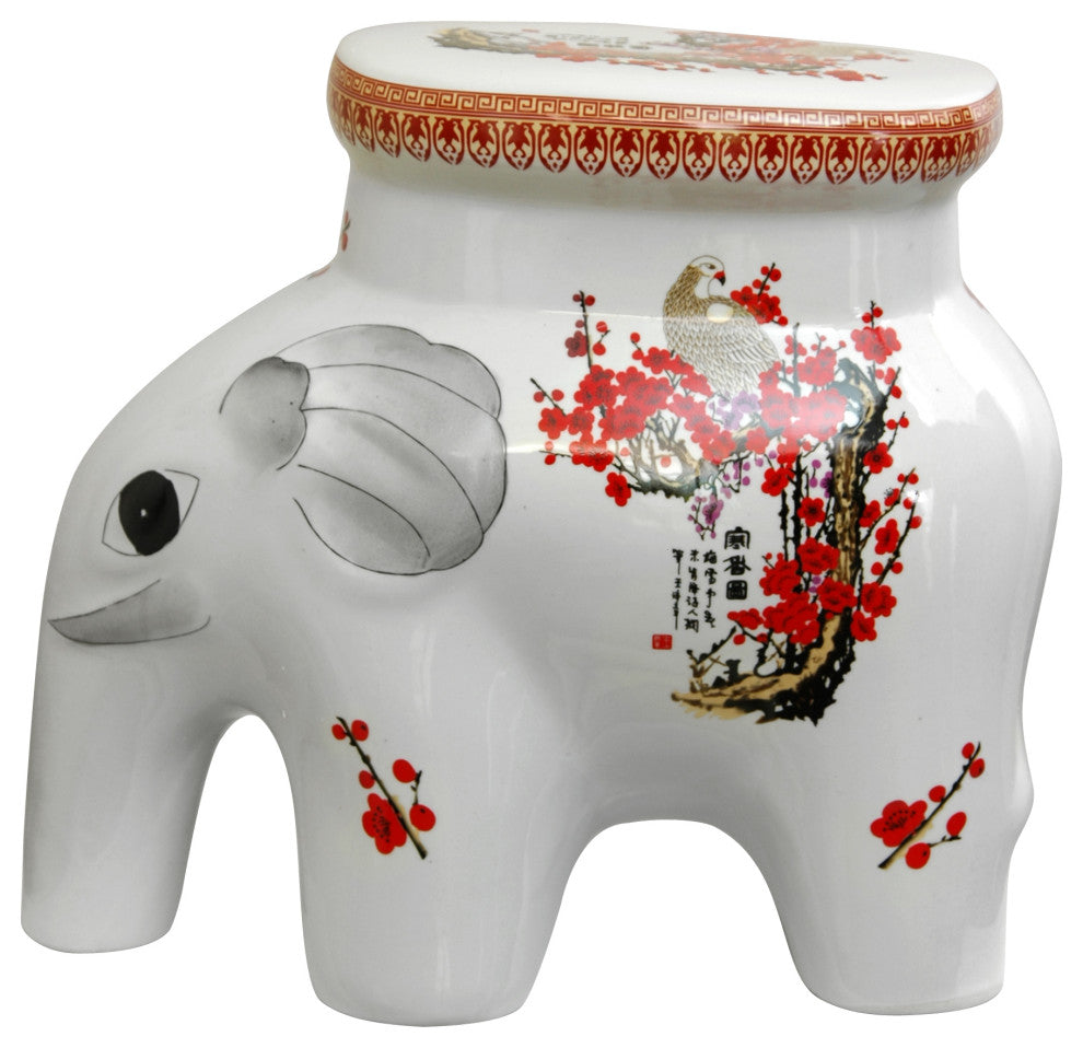 14" Cherry Blossom Porcelain Elephant Stool
