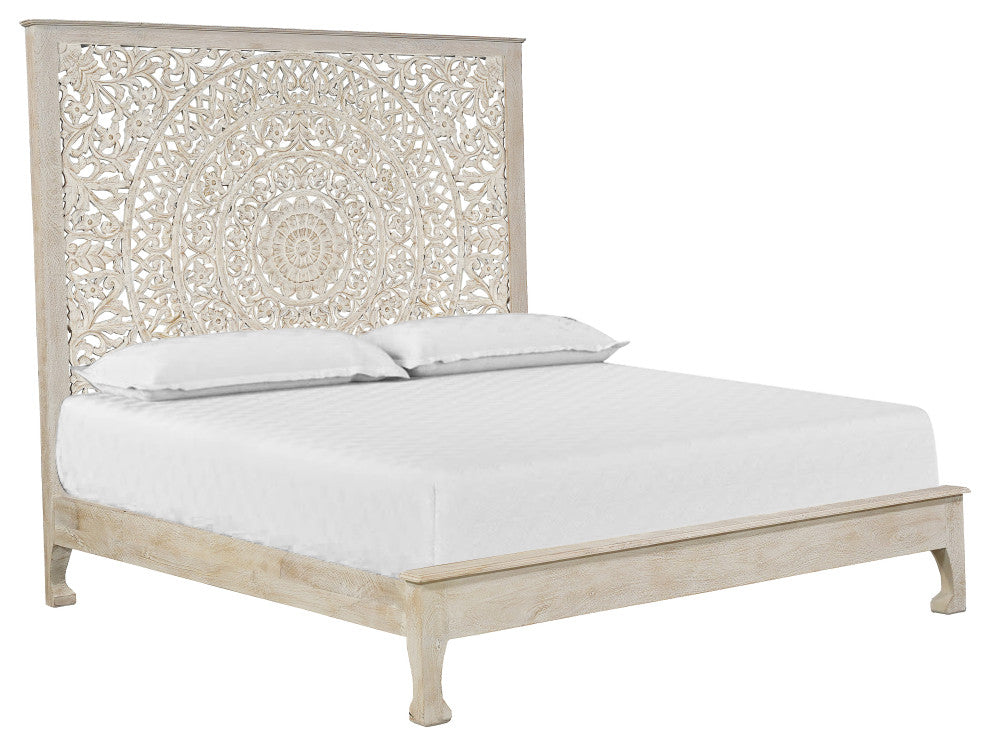 Milano Floral Carved Solid Wood Queen Panel Bed, White, King