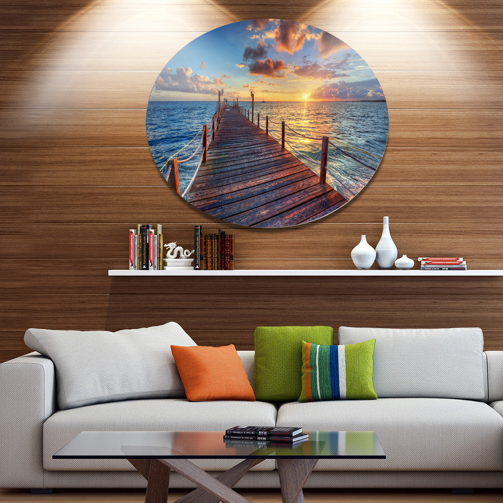 Beautiful Sunset Over Sea Pier, Modern Bridge Disc Metal Wall Art, 23"