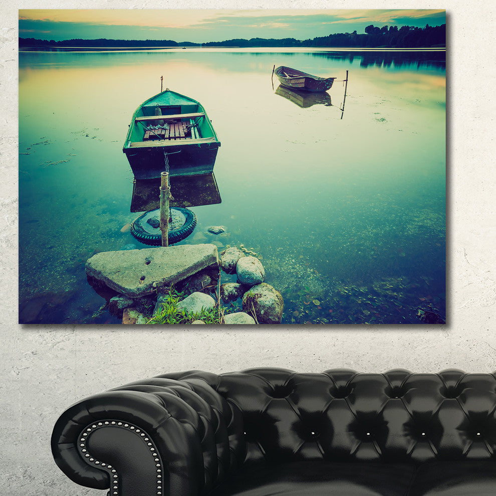 Boats in Vintage Style Lake, Boat Canvas Art Print, 40"x30"