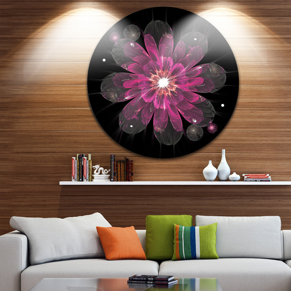 Shiny Light Pink Fractal Flower On Black, Floral Disc Artwork, 11"