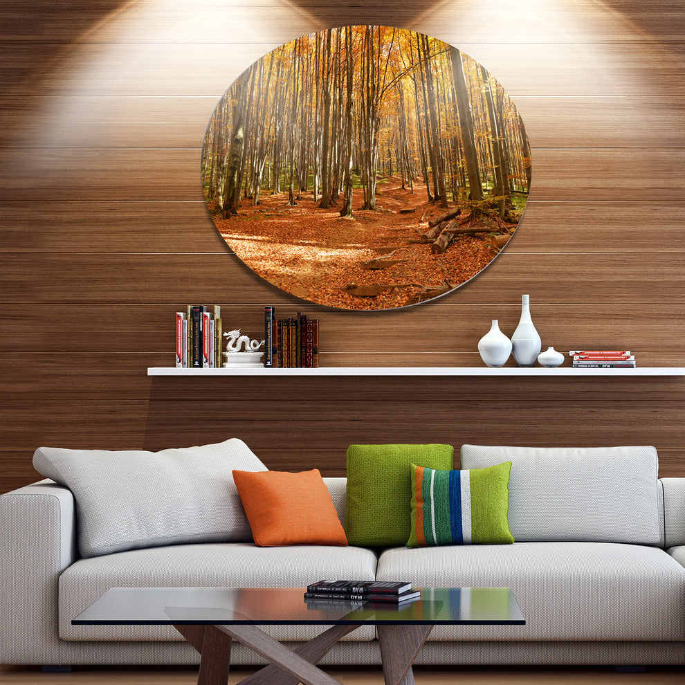 Colorful Fall Forest With Fallen Leaves, Forest Disc Metal Artwork, 36"