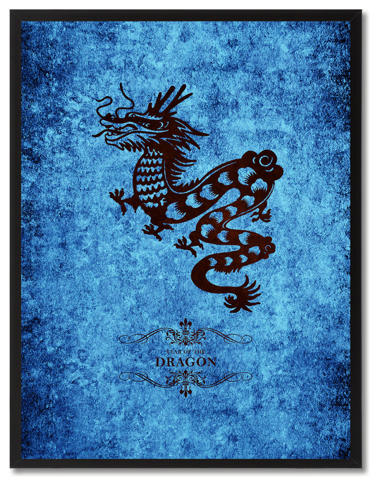Dragon Chinese Zodiac Blue Print on Canvas with Picture Frame, 22"x29"