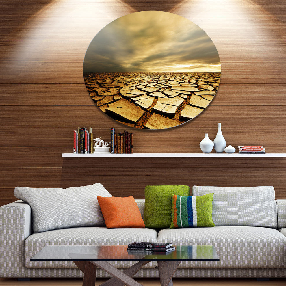 Broken Drought Land With Dark Clouds, African Round Metal Wall Art, 23"