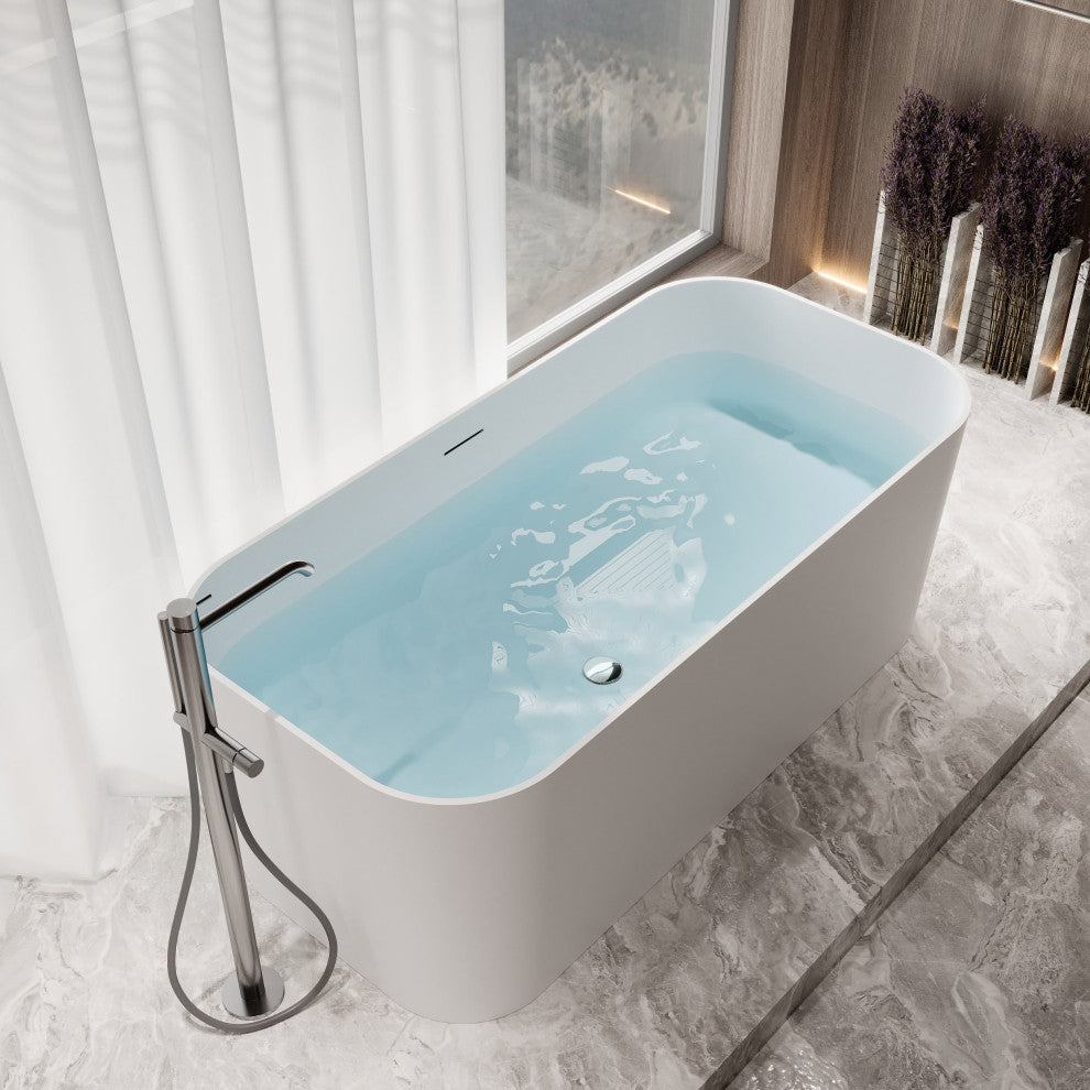 59" Streamline NS5780CH Matte White Stone Resin Bathtub, Tray With Chrome Drain