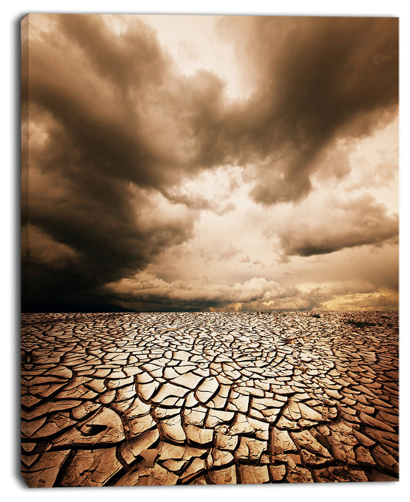 Cracked Drought Land with Dark Clouds, Oversized Landscape Canvas Art, 12"x20"