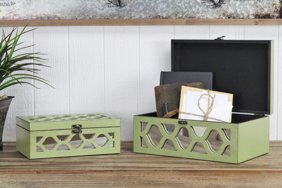 Moroccan Mirrored Wooden Boxes, Blue, Set of 2, Green