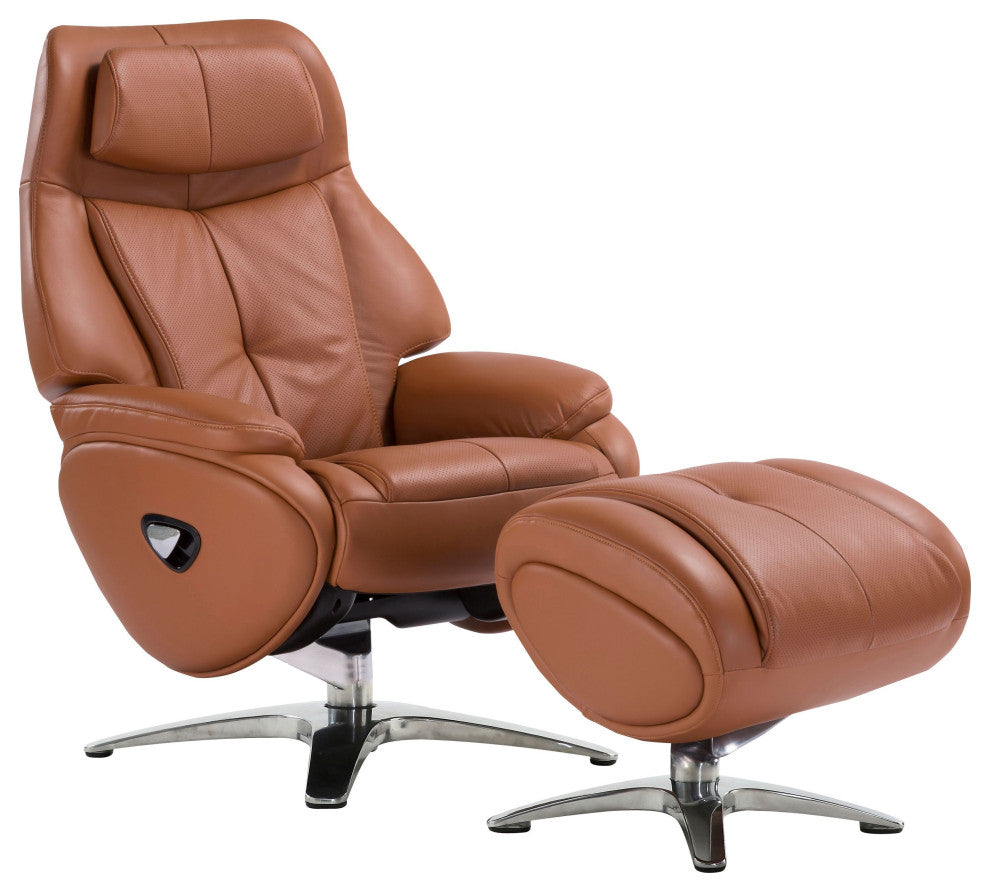 Melbourne Top Grain Leather Ergonomic Manual Recliner & Ottoman Set, Tan/Silver