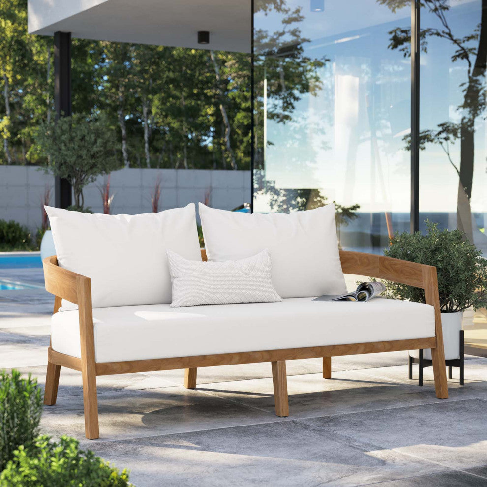 Lounge Loveseat Sofa, White Natural, Teak Wood, Modern, Outdoor Hospitality