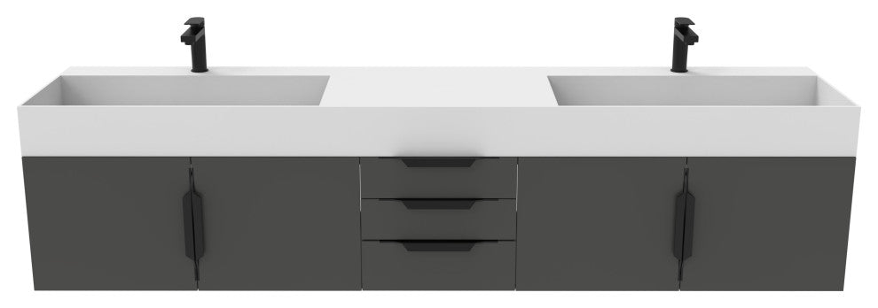 CastelloUSA Amazon 84" Wall Mounted Bathroom Vanity Set, Black, White Top, Black Handles