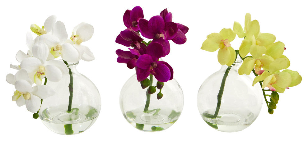 9" Phalaenopsis Orchid Artificial Arrangement, Vase, Set of 3