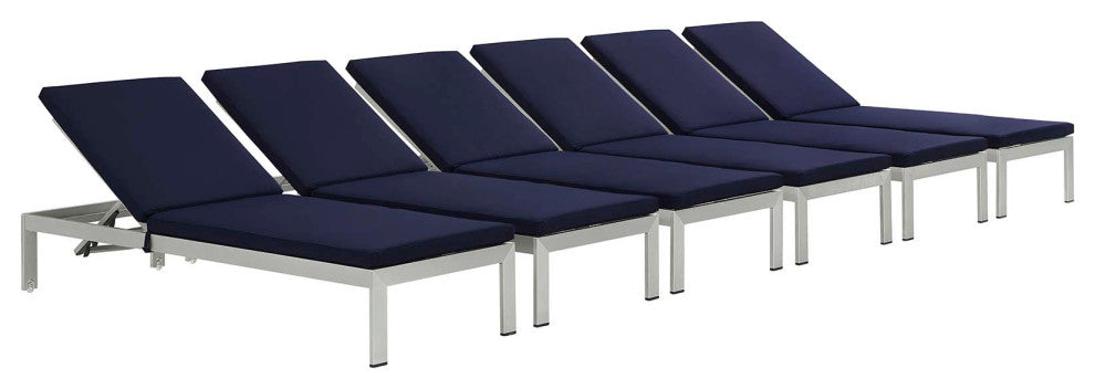 Modway Shore Chaise With Cushions Outdoor Patio Aluminum Set of 6, Silver Navy